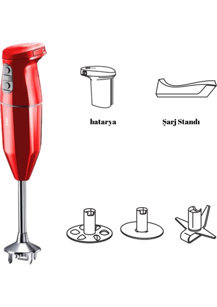 Cordless Şarjlı Kablosuz El Blenderi 20 Dakika Kullanım 15500 Devir 3 Hız Ayarı Kırmızı