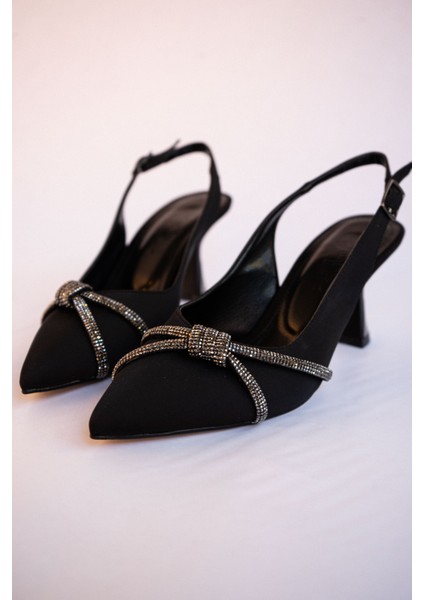 Anka Taş Desenli Arkası Açık Siyah Saten Stiletto / Taş Desenli Topuklu Ayakkabı