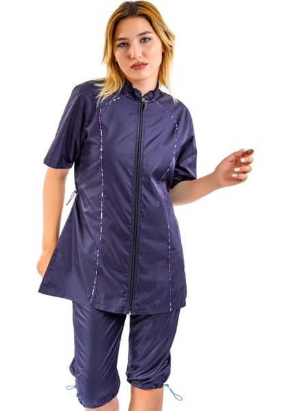 Hızlı Kuruyan Paraşüt Kumaş Önden Fermuarlı Kısa Kollu Taytlı Kadın Mayo 2474 modelleri