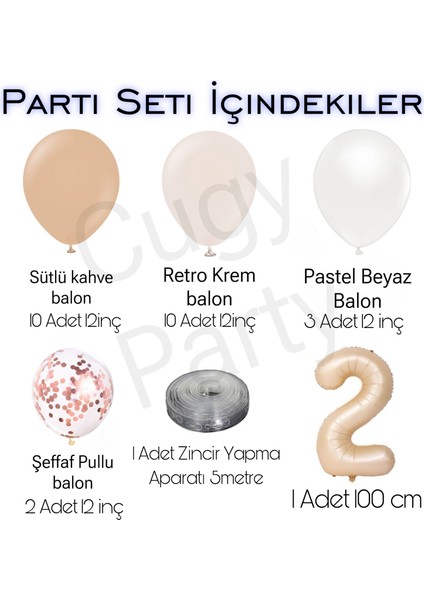 Retro Sütlü Kahve Krem Balon Zinciri 2 Yaş Rakamlı Doğum Günü Süsü
