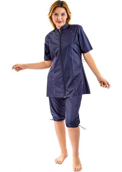 Hızlı Kuruyan Paraşüt Kumaş Önden Fermuarlı Kısa Kollu Taytlı Kadın Mayo 2474