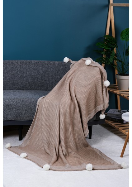 Menekşe 10 Ponpon Triko Örgülü Tv Battaniyesi 130 x 170 | Koltuk Örtüsü - Bacak Şalı-Koltuk Dekoru Bej
