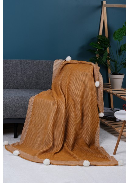 Menekşe 10 Ponpon Triko Örgülü Tv Battaniyesi 130 x 170 | Koltuk Örtüsü - Bacak Şalı-Koltuk Dekoru Hardal