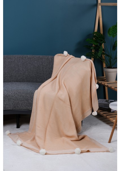 Menekşe 10 Ponpon Triko Örgülü Tv Battaniyesi 130 x 170 | Koltuk Örtüsü - Bacak Şalı-Koltuk Dekoru Somon