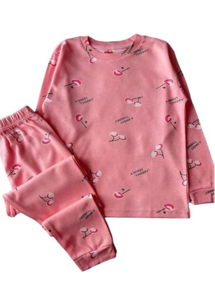 *elmp Pudra Kiraz Desen %100 Pamuk Kız Çocuk Pijama Takımı 1-9 Yaş 4011