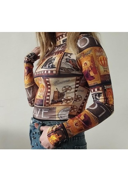 Fav Style Kadın Dik Yaka Uzun Kollu Dijital Baskılı Desenli Crop Bluz Turuncu