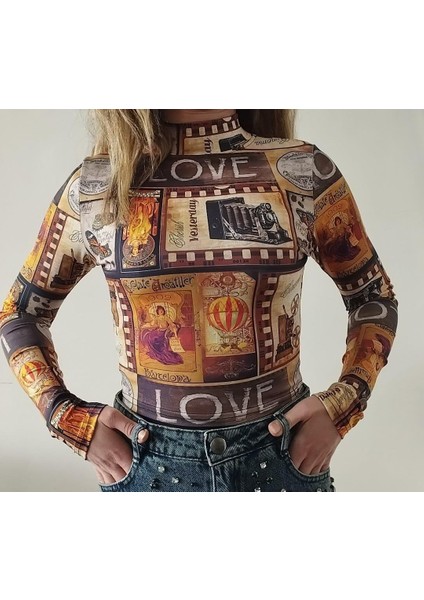 Fav Style Kadın Dik Yaka Uzun Kollu Dijital Baskılı Desenli Crop Bluz Turuncu fiyatları