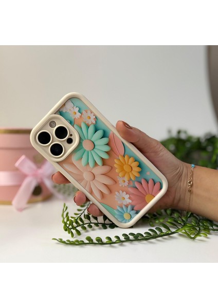 Bahar Çiçekleri Desenli Silikon Apple iPhone Kılıf - Apple iPhone 14 KREM