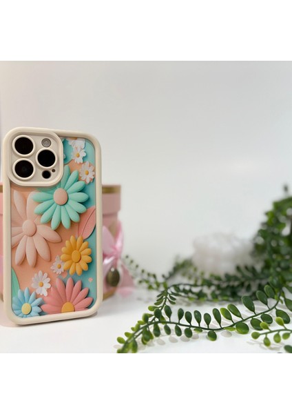 Bahar Çiçekleri Desenli Silikon Apple iPhone Kılıf - Apple iPhone 14 KREM