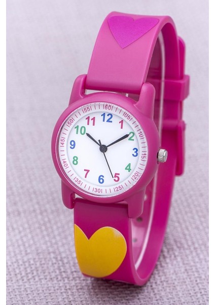 Fuşya Renk Kalpli Kız Çocuk Saati Silikon Kordon Analog Saat Hediyeli ST-304402 modelleri