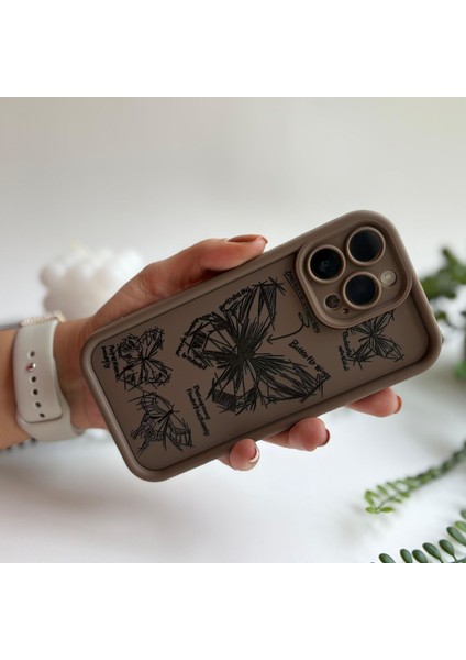 Karakalem Kelebek Detaylı Lens Korumalı Kılıf Apple iPhone 14 Pro Max Kahverengi