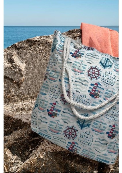 Askılı Çapa Desenli Mavi Plaj Çantası