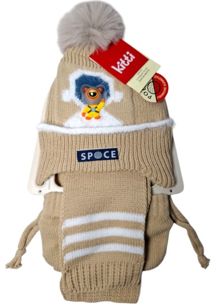 0-18 Aylık Erkek Bej 3 Lü Takım Astronot Maskotlu Atkı Bere Eldiven Set