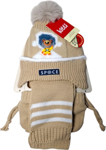 0-18 Aylık Erkek Bej 3 Lü Takım Astronot Maskotlu Atkı Bere Eldiven Set fiyatları
