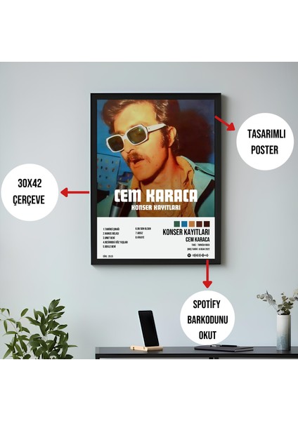 Cem Karaca Konser Kayıtları 1. Albüm Spotify Çerçeveli Poster Tablo