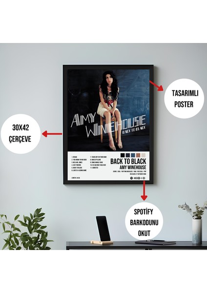 Amy Winehouse - Back To Black Albüm Spotify Çerçeveli Poster Tablo fiyatları