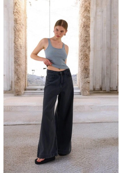 Kadın İnce Askılı Biyeli Fitilli Gri Atlet