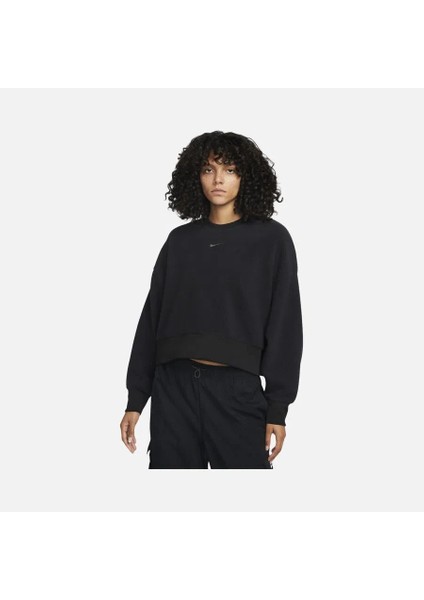 Sportswear Plush Mod Cropped Crew-Neck Kadın Oversize ( Bol Kesim )Crop Siyah Sweatshirt DQ6844-010