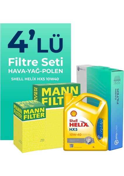 MANN Fiat Palio 1.4 Benzinli Filtre Bakım Seti Shell Motor Yağlı (1998-2012) 4 Lü