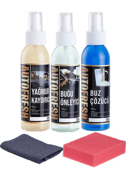Autofresh Kışlık 3'lü Oto Bakım Sprey Set Buğu Önleyici Buz Cözücü Yağmur Kaydırıcı 3X125ML