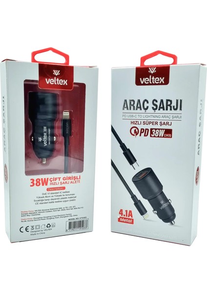 4.1A 38W Pd To Lightning Metal Araç Şarj Aleti Veltex VTX103