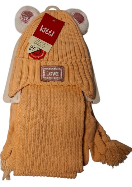 1-4 Yaş Bebe 3 Lü Takım Kız Çift Kulak Teddy Atkı Bere Eldiven Set