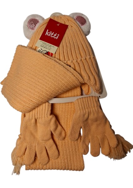 1-4 Yaş Bebe 3 Lü Takım Kız Çift Kulak Teddy Atkı Bere Eldiven Set modelleri