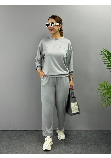 Kadın Uzun Kollu Bisiklet Yaka Viskon Iki Iplik Bluz ve Pantolon Ikili Takım