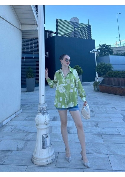 Kadın Uzun Kollu Dijital Baskılı Salaş Saten Gömlek modelleri