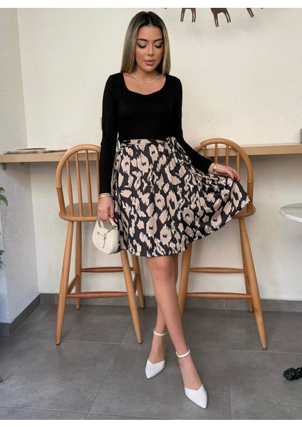 Kadın Uzun Kollu Kare Yaka Viskon Bluz Alt Süprem Baskılı Belden Kuşaklı Kısa Elbise modelleri