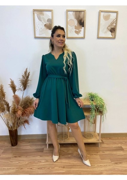 Kadın Uzun Kollu V Yakalı Belden Kuşaklı Kiloş Krep Elbise fiyatları
