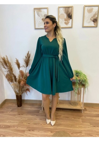 Kadın Uzun Kollu V Yakalı Belden Kuşaklı Kiloş Krep Elbise indirimleri