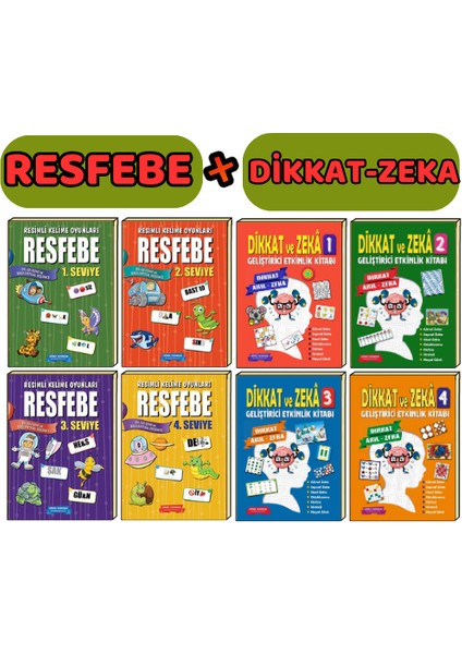 Resfebe ve Dikkat Zeka Seti (Seviye 1,2,3,4) tam 8 kitap (Ciltli)