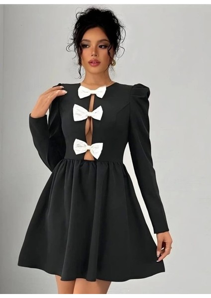 Kadın Dalgıç Kumaş Fiyonk Detaylı Uzun Kollu Mini Boy Elbise fiyatları