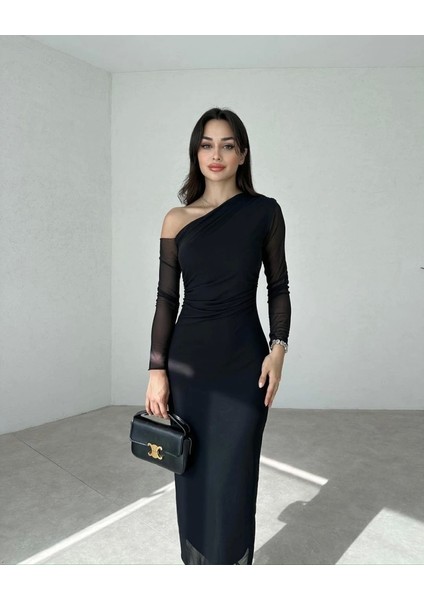 Kadın Uzun Kollu Omuz Dekolteli Içi Astarli Midi Boy Tül Elbise fiyatları