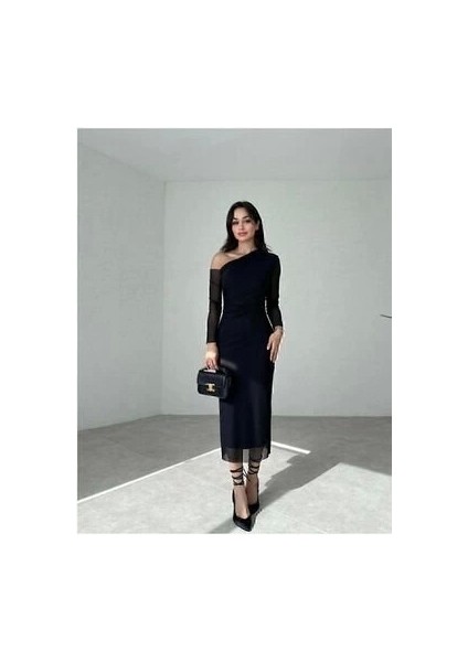 Kadın Uzun Kollu Omuz Dekolteli Içi Astarli Midi Boy Tül Elbise modelleri