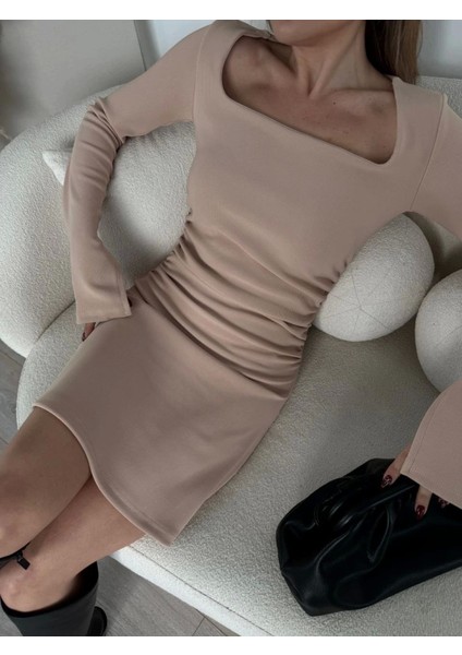 Kare Yaka Mını Boy Fitilli Elbise - Bej fırsatları