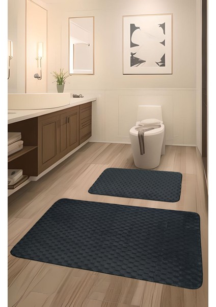 Söğüt Kaymaz Taban,süper Emici 2'li Banyo Paspası Seti Antrasit
