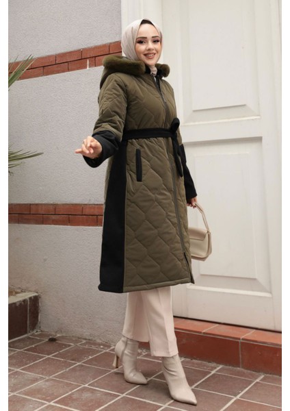 Kadın Tasarım Kaşe Nova Kapüşonlu Kemer Detaylı Kap Kaban Mont