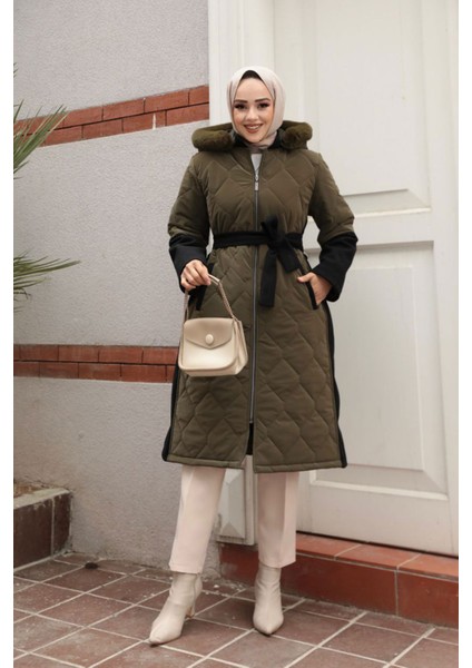 Kadın Tasarım Kaşe Nova Kapüşonlu Kemer Detaylı Kap Kaban Mont modelleri