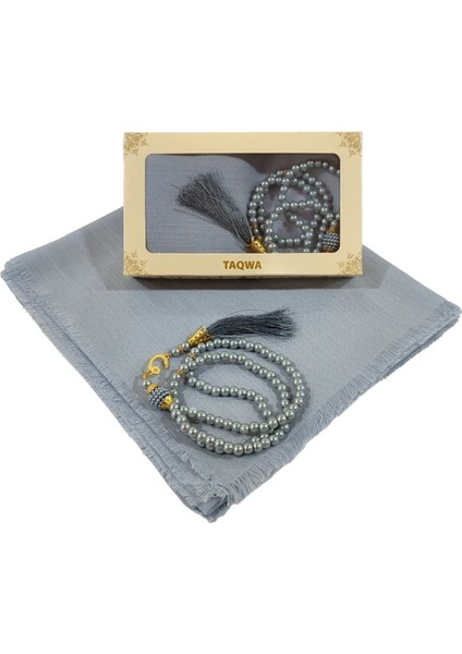 Mevlit Hediyesi Flamlı Yazma Set Hediyelik Eşarp 100X100CM Dağıtmalık-Inci 99 Tesbih Hediyeli-Gri