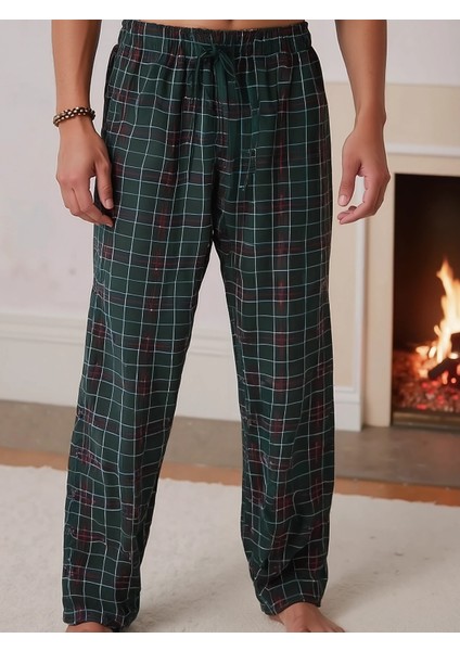 Kareli Pamuklu Erkek Pijama Altı Yumuşak Esnek Bol Kalıp Cepli Ipli Yeşil Ekose Relax Fit Likralı fırsatları