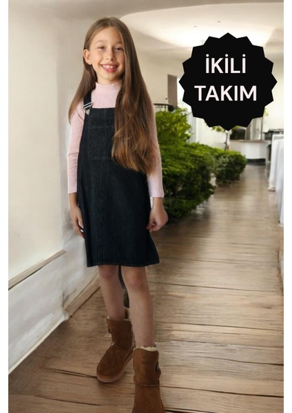 Kız Çocuk Siyah Pudra Takım Jile Kot Baskılı Elbise
