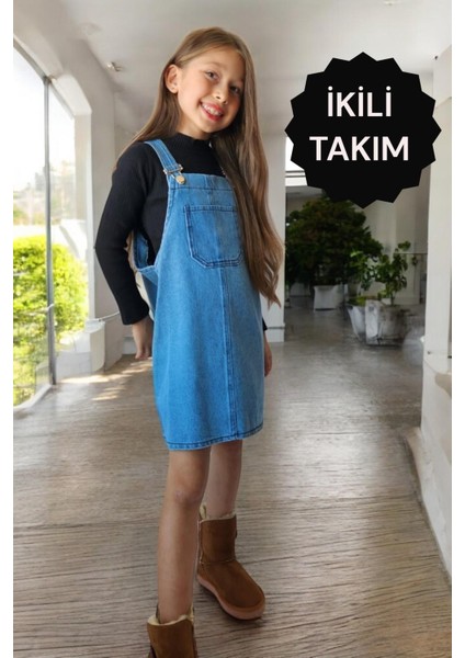 Kız Çocuk Mavi Siyah Takım Jile Kot Baskılı Elbise