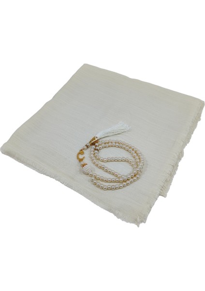 Mevlit Hediyesi Flamlı Yazma Set Hediyelik Eşarp 100X100CM Dağıtmalık-Inci 99 Tesbih Hediyeli-Krem