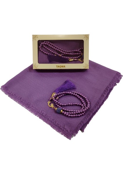 Mevlit Hediyesi Flamlı Yazma Set Hediyelik Eşarp 100X100CM Dağıtmalık-Inci 99 Tesbih Hediyeli-Lila