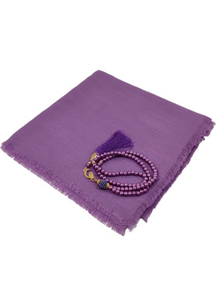 Mevlit Hediyesi Flamlı Yazma Set Hediyelik Eşarp 100X100CM Dağıtmalık-Inci 99 Tesbih Hediyeli-Lila