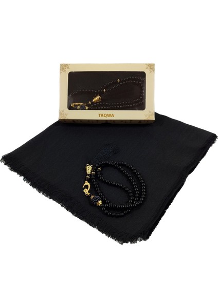 Mevlit Hediyesi Flamlı Yazma Set Hediyelik Eşarp 100X100CM Dağıtmalık-Inci 99 Tesbih Hediyeli-Siyah