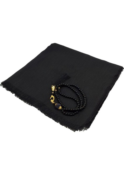 Mevlit Hediyesi Flamlı Yazma Set Hediyelik Eşarp 100X100CM Dağıtmalık-Inci 99 Tesbih Hediyeli-Siyah