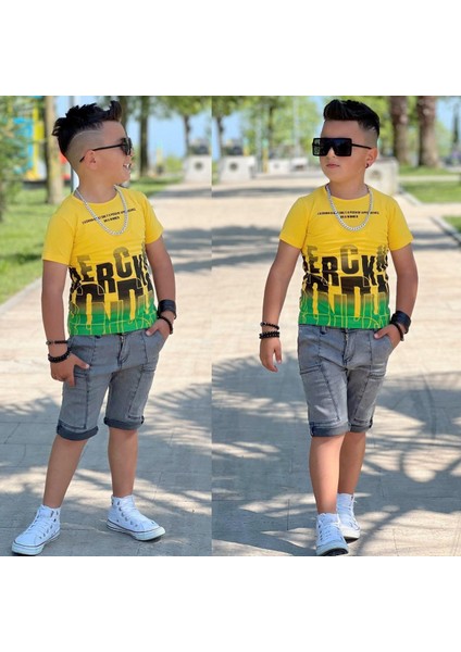 Baskılı Suprem Tişört / Cepli Kot Şort 2'li Takım